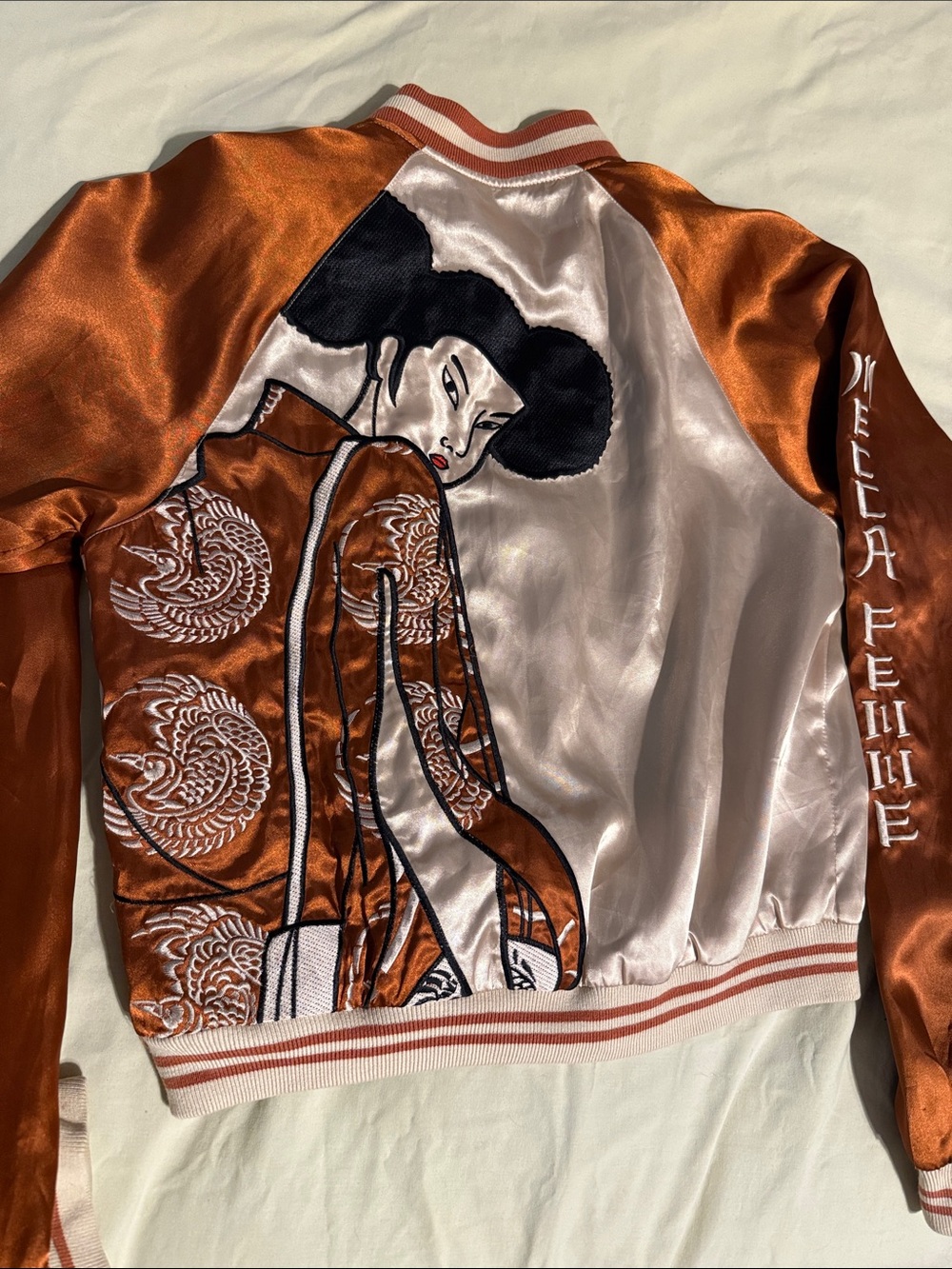 Mecca Femme Satin Sukajan Souvenir Jacket, Bronze/Ivory Geisha Embroidery - Picture 4 of 8